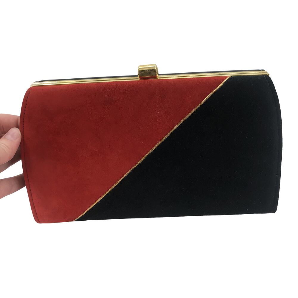 Vintage Gold Snap Closure Velvet Maroon Black Clutch Purse Golden Chain 1980s